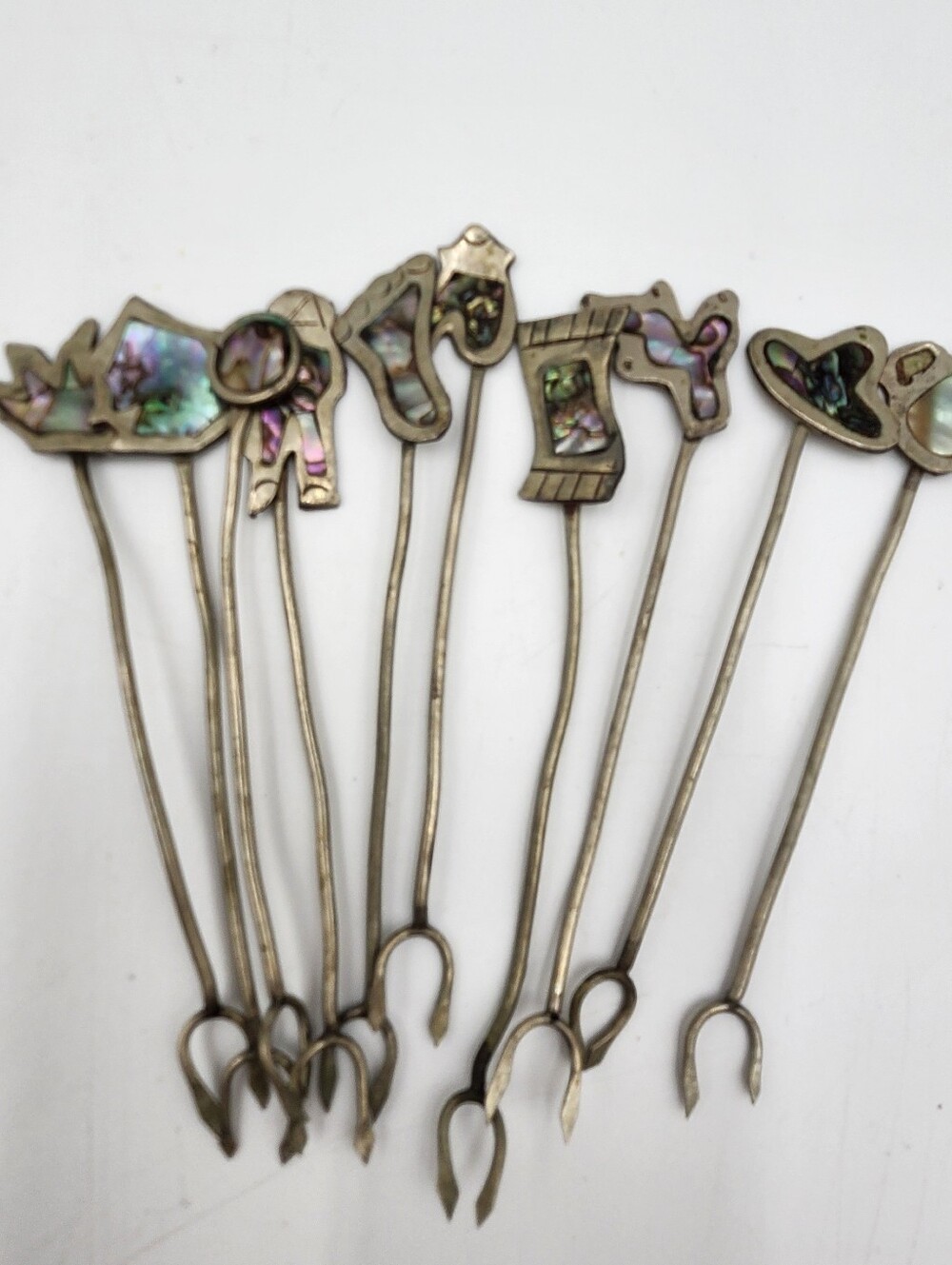 Vintage ALPACA Silver Abalone Inlaid Appetizers Cocktail Picks. Forks 5"
